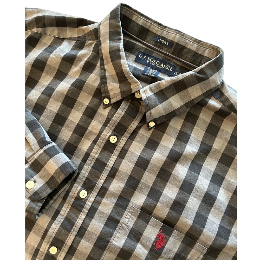 US Polo Assn Mens 2XLT Grey Black Check Stretch Long Sleeve Button Down Shirt